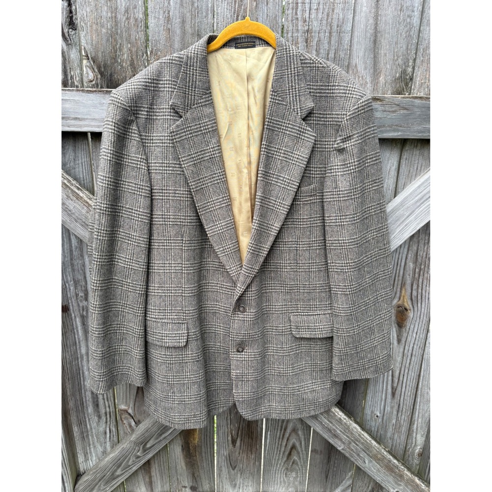 VTG Robert Stock Mens 46L Glen Plaid Blazer Brown Tan Two Button Sport Coat 46 L